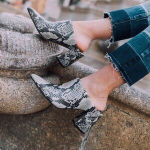 Marc Fisher Ragni Mules Gray Snake Print Leather